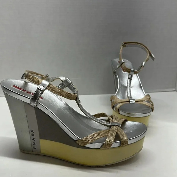 Prada Wedges T-Strap Open Toe High Heel Shoes Leather Yellow Silver Size 38 US 8 - Picture 1 of 12
